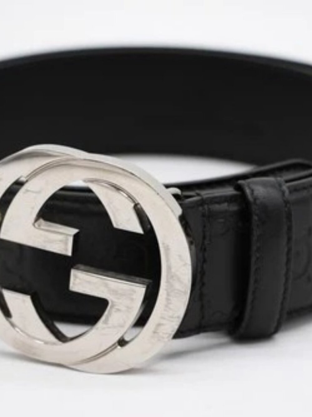 Gucci Black Guccissima Leather Silver Interlocking Buckle Belt- 411924 / 90-36